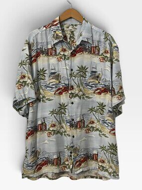 Vintage-Style Campia Moda Aloha Shirt Coastal Beach Lobster Bar Print Rayon Camp